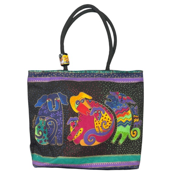 Laurel Burch Handbags - Laurel Burch Dogs and Doggies Canvas Bag Large 18" Artsy Travel Book Tote Sack